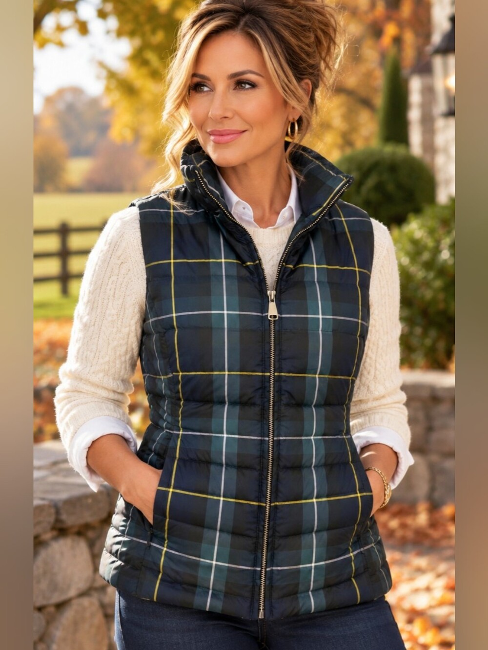 Talbots Plaid Down Puffer Vest Quilted Preppy Equestrian Heritage Outdoor